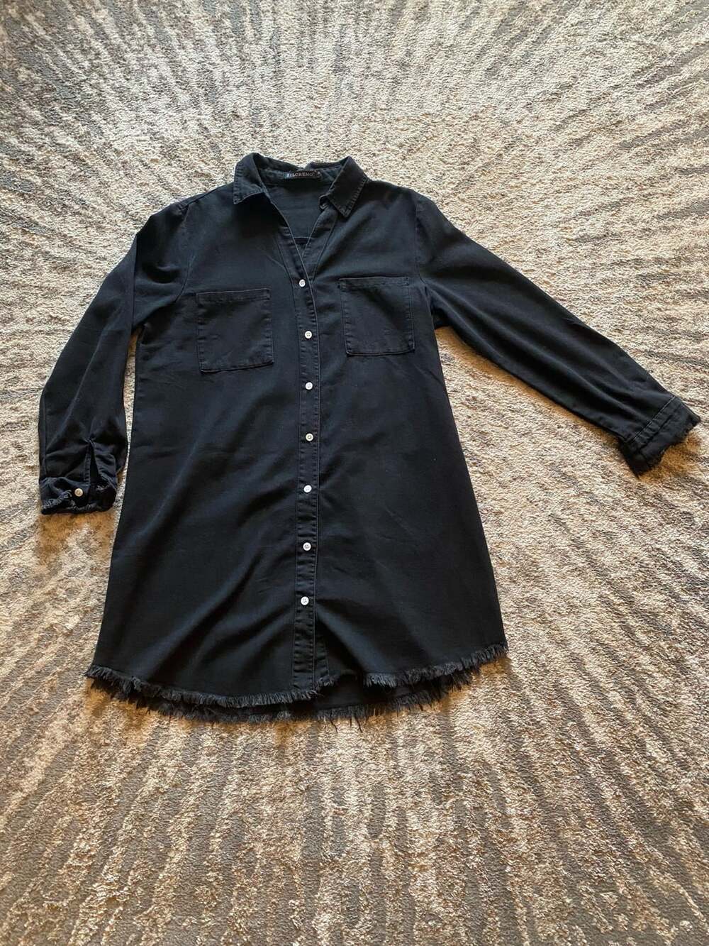 Zilcremo Black Denim Shirt Dress Size M Long Sleeve Frayed Hem Button Down Tunic